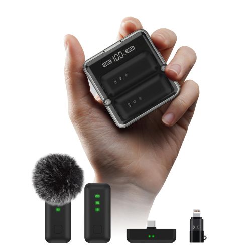 PORODO WIRELESS COLLAR DOUBLE MICROPHONE WITH CHARGING CASE AND LIGHTNING ADAPTER PD-WCDMIC-BK